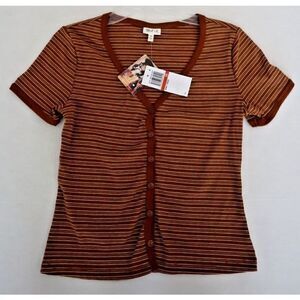 Self Esteem 13MPAQHP Women's Sz XS Glazed Ginger Striped Ribbed V-Neck Knit Tee